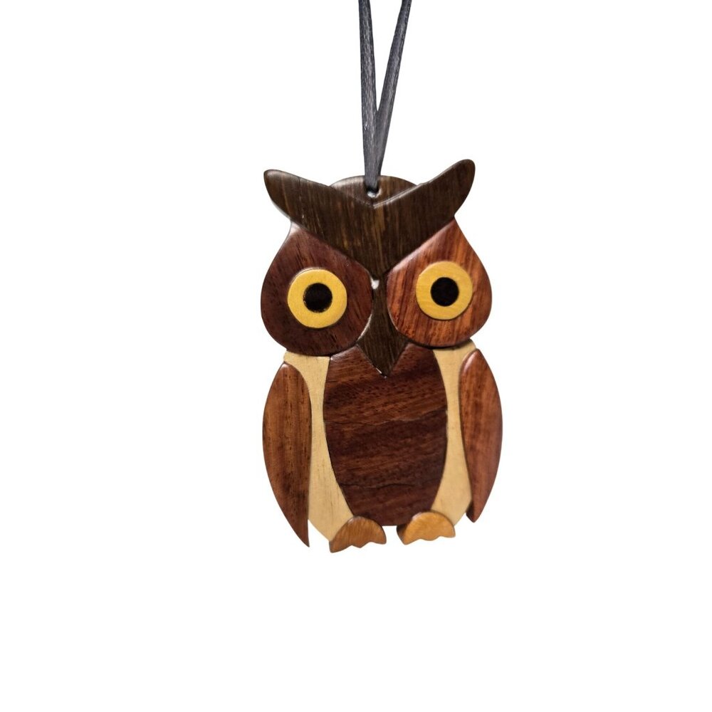 Handcrafted Wooden Owl Ornament With Ribbon‎ Hanger 4 in X 3 in